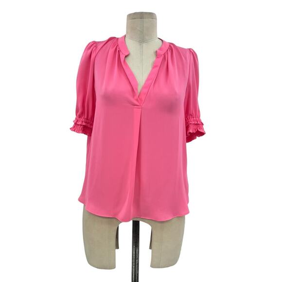 Current Air Los Angeles Pink V-Neck Short Puff Sleeve Blouse Size XS - Picture 1 of 11